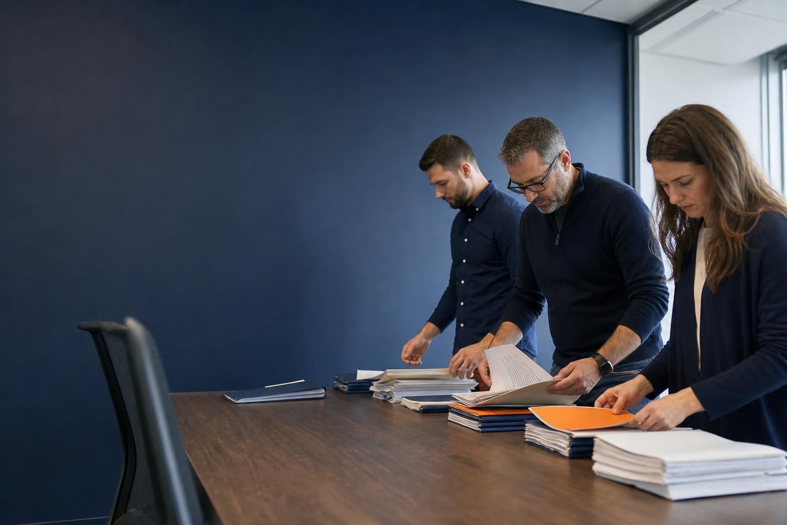 IT reseller team sorting bid documents and staffing records into separate eligibility piles