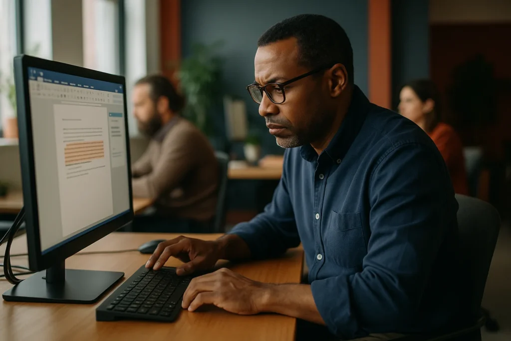 Office manager drafting a document with an AI assistant in Word