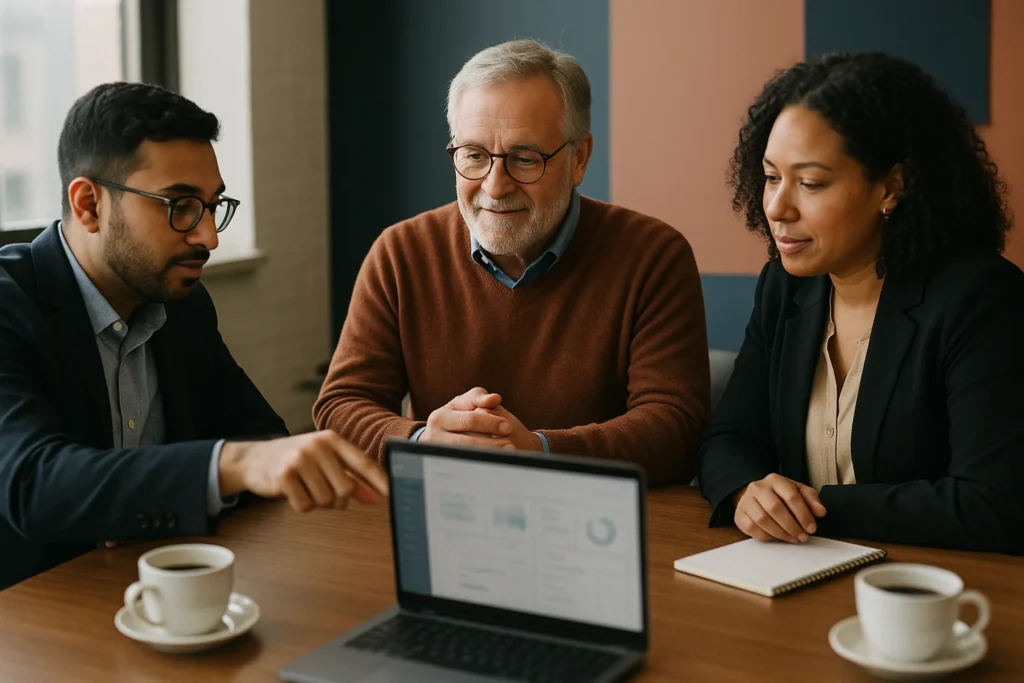 Two consultants reviewing a Microsoft 365 admin dashboard with a small business owner