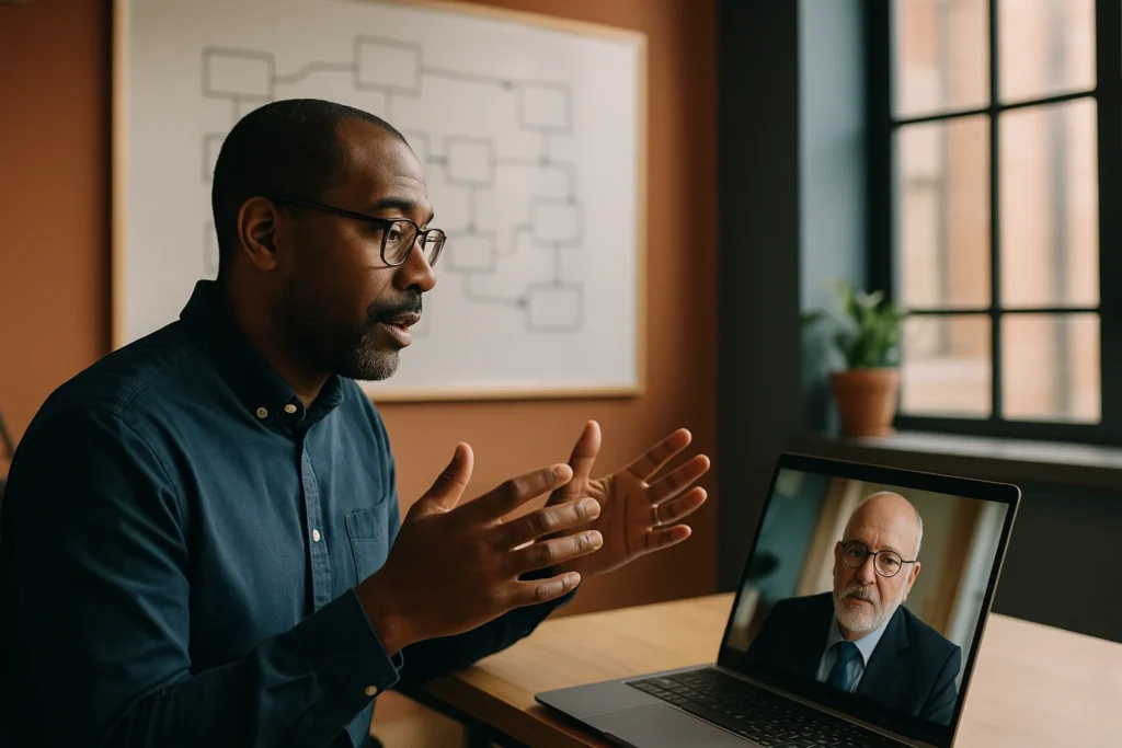 Consultant on a video call with a law firm partner reviewing a technology roadmap