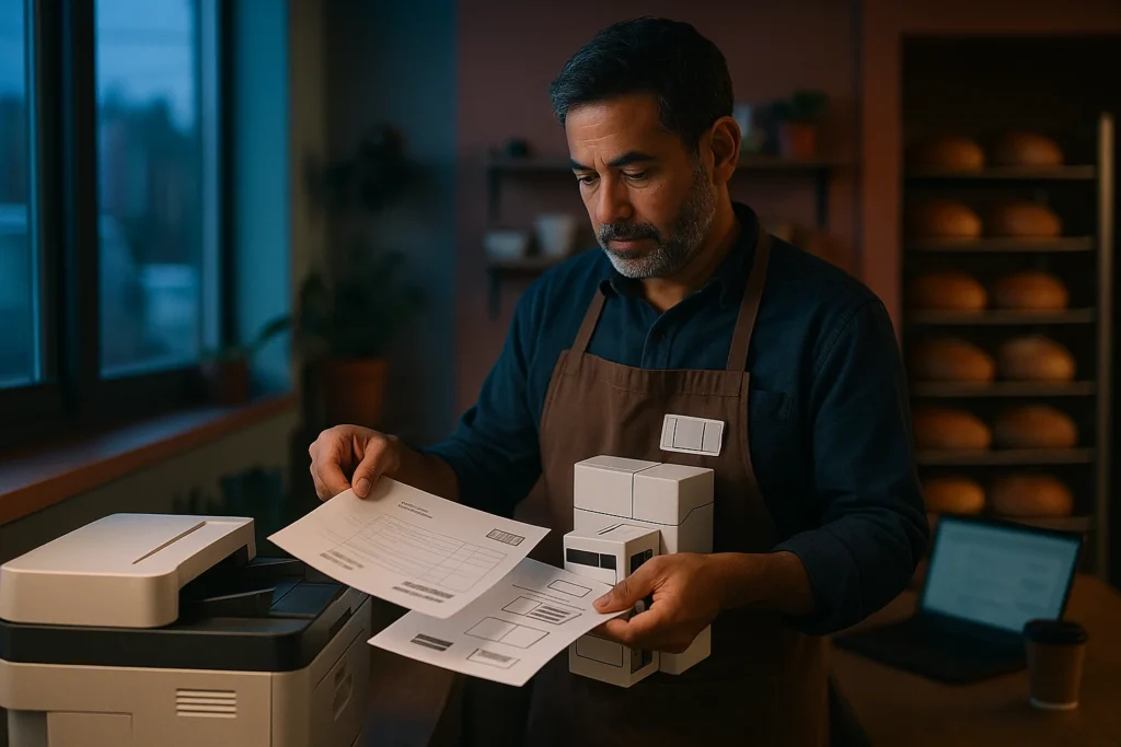 Bakery owner collecting a printed delivery run sheet at dawn