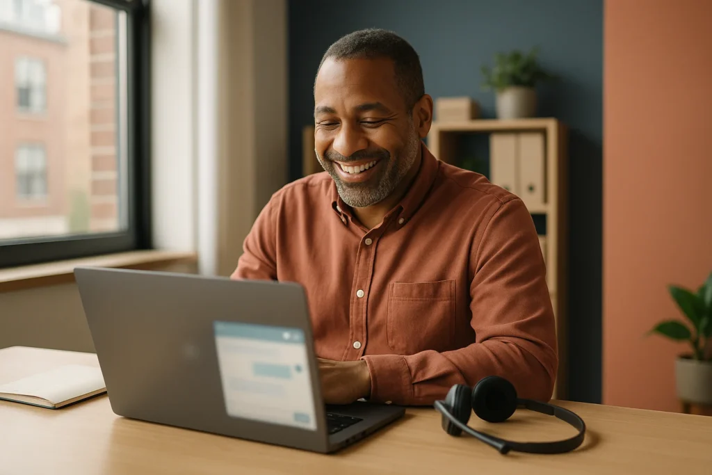 Office worker getting a quick fix from a support chat