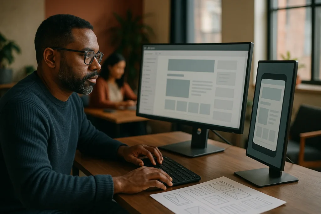 Web designer editing a site layout with a mobile preview